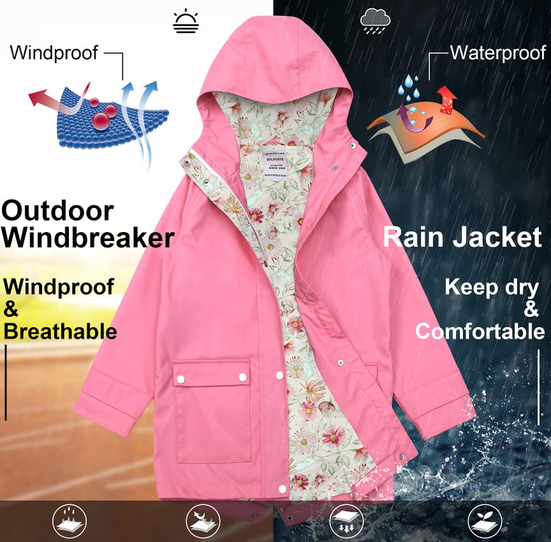 SOLOCOTE Kids Rain Jacket Hooded Lined Rubber RainCoats for Girls Boys Waterproof Windproof, 180806 Fuchsia D 9-10Y - Image 4